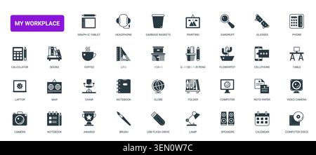 Workspace and office essentials featuring desk tools, study supplies, electronics and creative accessories for daily productivity and organization black solid icons set vector illustration Stock Vector