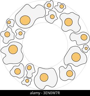 Fried Egg circle round frame. Egg template hand drawn illustration. Vector colored graphic line art. Breakfast Wreath and Copy Space Sample poster, in Stock Vector