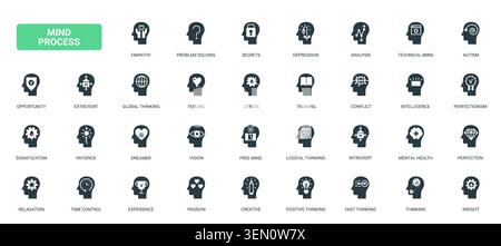 Mind process symbols showing psychology, emotion, intelligence, creativity and problem solving for mental health, learning and cognitive development black solid icons set vector illustration Stock Vector