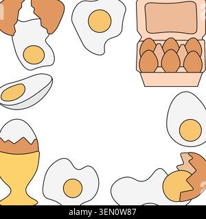 Egg whole fried, boiled, fresh square frame. Egg template hand drawn illustration. Vector graphic line art. design for fashion graphics, textile print Stock Vector