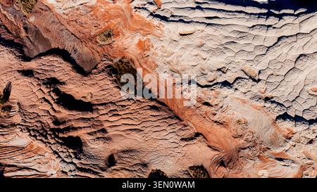 Aerial view of colorful, textured desert landscape with striking geological formations. Marble Canyon, Arizona, USA Stock Photo
