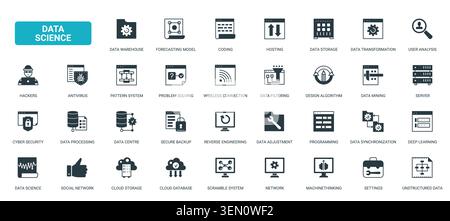 Data science and analytics symbols covering storage, coding, mining, security, machine learning and cloud systems for digital technology workflows black solid icons set vector illustration Stock Vector