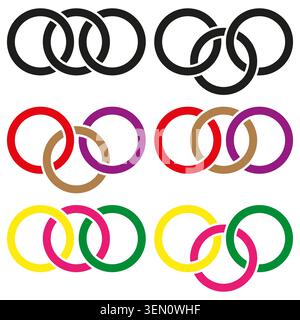 Set of interlocking three rings symbol vector. Graphic supports branding logos teamwork icons and unity symbolism. EPS 10. Stock Vector