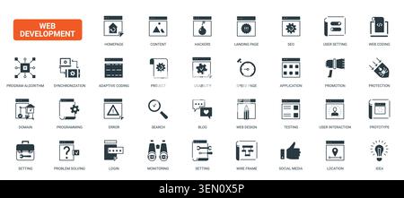 Web development symbols covering coding, homepage layout, SEO, usability, testing, login, security and interface planning for digital product workflows black solid icons set vector illustration Stock Vector