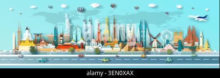 Travel landmarks world with famous architecture background, Important architectural monuments of the world, Tourism with panorama colorful style for t Stock Vector