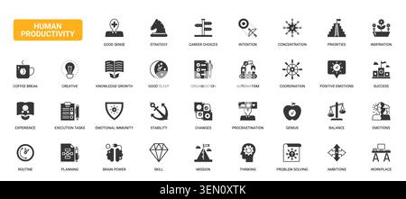 Human productivity concepts showing focus, planning, strategy, motivation, balance and workplace efficiency for personal development black solid icons set vector illustration Stock Vector