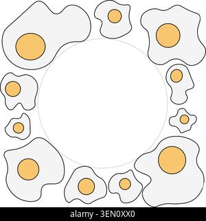 Fried Egg circle round square frame. Egg template hand drawn illustration. Vector colored graphic line art. Perfect for cafe logo, branding, packaging Stock Vector