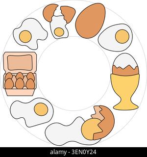 Egg whole fried, boiled, fresh circle round frame. Egg template hand drawn illustration. Vector graphic line art. Perfect for cafe logo, branding, pac Stock Vector