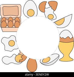 Egg whole fried, boiled, fresh circle round frame. Egg template hand drawn illustration. Vector graphic line art. Perfect for cafe logo, poster, invit Stock Vector