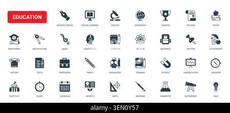 Education themed academic symbols covering school subjects, learning tools, science, books, awards and classroom study concepts black solid icons set vector illustration Stock Vector