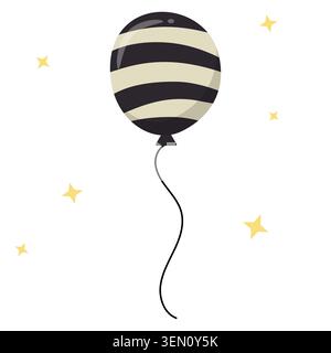 Cute Halloween black and cream striped balloon vector illustration isolated on white background. Spooky air balloon element with yellow stars for spoo Stock Vector