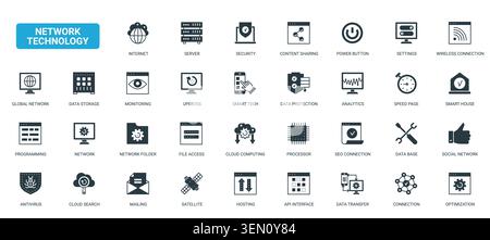 Network technology symbols for internet communication, cloud computing, server security, wireless access and data transfer in digital systems black solid icons set vector illustration Stock Vector