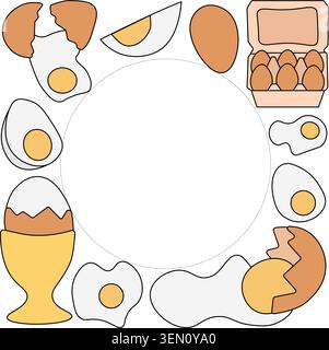 Egg whole fried, boiled, fresh circle round square frame. Egg template hand drawn illustration. Vector graphic line art. Illustration for recipe cookb Stock Vector