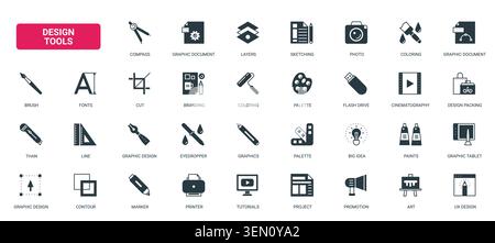 Creative design tools and digital art workflow symbols for branding, sketching, photography, painting and graphic production black solid icons set vector illustration Stock Vector
