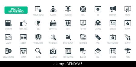 Digital marketing strategy symbols covering SEO, promotion, traffic, blogging, advertising, analytics and social media communication tools black solid icons set vector illustration Stock Vector