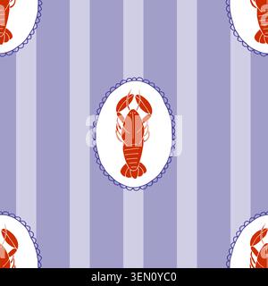 Lobster seamless pattern on striped background. Amalfi coast summer aesthetic seafood restaurant. Hand drawn lobster in lace frame. Stock Vector