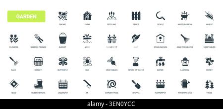 Gardening and farm themed symbols featuring tools, plants, flowers, watering, harvest and outdoor cultivation elements for seasonal agriculture black solid icons set vector illustration Stock Vector