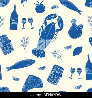 Amalfi coast Mediterranean seafood seamless pattern. Hand drawn blue food and fish elements. Italian food like olive oil wine and pizza. Travel summer Stock Vector