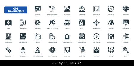 GPS navigation symbols showing map routes, location pins, compass, parking, transport and travel guidance for mobile wayfinding black solid icons set vector illustration Stock Vector