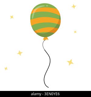 Cute Halloween green and orange striped balloon vector illustration isolated on white background. Spooky air balloon element with yellow stars for spo Stock Vector