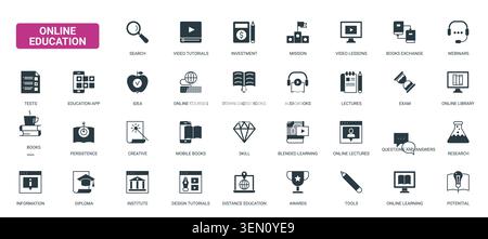 Online education symbols showing digital learning, courses, webinars, exams, books, lectures and remote study tools for academic platforms black solid icons set vector illustration Stock Vector
