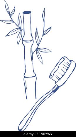 Bamboo Natural Toothbrush with Wood Stem. Eco-Friendly Dental Care and Sustainable Zero Waste Lifestyle. Isolated Outline Blue Hand Drawn Doodle. Vect Stock Vector