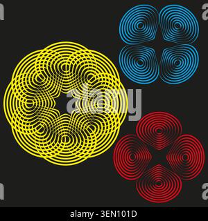 Geometric spirograph patterns with concentric lines vector. Graphic supports tech branding and op art compositions. EPS 10. Stock Vector