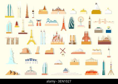 World famous architecture landmarks isolated set, Vector architectural silhouette monuments. Travel continent landmark icon and symbol monument of ame Stock Vector