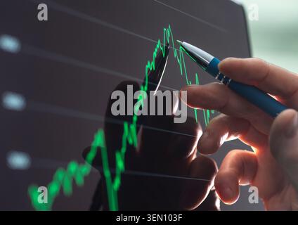 Hand holding a pen pointing at a financial chart on a computer screen. Stock Photo
