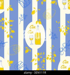 Amalfi coast Mediterranean food summer seamless pattern. Hand drawn doodle elements on striped background. Italian food like limoncello lemons and sar Stock Vector