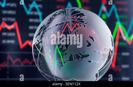 Glass globe in front of fluctuating stock market graph with red and green lines. Stock Photo