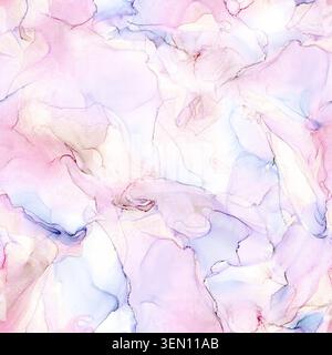 Elegant seamless alcohol ink pattern with flowing pastel pink, blue and cream tones. Soft abstract watercolor texture for textiles, wallpaper, wrappin Stock Photo