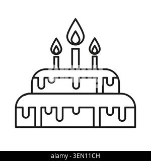 Two tier birthday cake with three candles for celebration. Black line art icon for sweet dessert and party invitation graphic. Vector EPS 10. Stock Vector