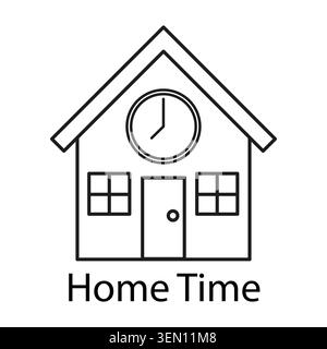 House with clock icon represents home time and family values. Line art illustration for real estate or lifestyle concepts. Vector EPS 10. Stock Vector