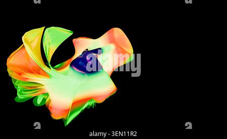 Vibrant abstract art featuring swirling neon colors on a black background. Stock Photo