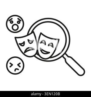 Emotion analysis theater mask magnifier vector icon features mood detection investigation concept. Highlights sentiment search psychology design. Stock Vector