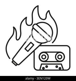 Microphone fire cassette tape retro vector icon features hot track music vintage concept. Highlights burning hit audio recording nostalgia design. Stock Vector