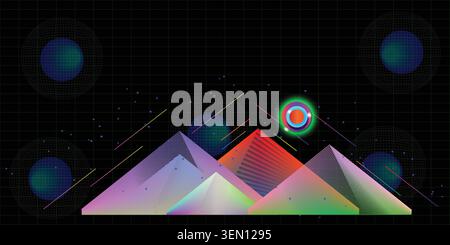 Vibrant retrofuturistic digital landscape with colorful pyramids and glowing elements Stock Vector