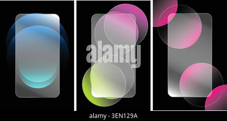 Abstract glassmorphism banners with colorful glowing circles on black background Stock Vector