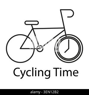 Bicycle icon with clock as front wheel symbolizes cycling time. Vector graphic for sport, schedule, and healthy lifestyle. Stock Vector