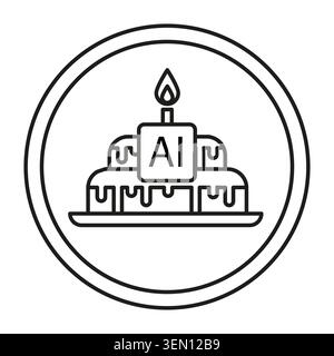 AI birthday cake with candle celebrates artificial intelligence. Vector line icon for technology anniversary and innovation concept. Stock Vector