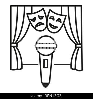 Theater stage masks microphone curtain vector icon features drama performance show concept. Highlights theatrical entertainment culture art design. Stock Vector