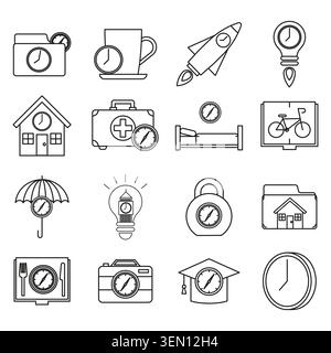 Time management icons for life activities and goals. Vector line art collection shows clocks and compasses with everyday objects. Stock Vector
