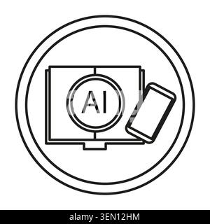 AI icon on computer monitor with smartphone represents smart technology. Outline vector for digital systems and machine learning. Stock Vector