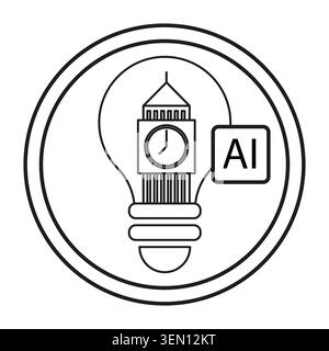 AI icon combines lightbulb with London clock tower. Innovation concept symbol for smart city technology and solutions. Stock Vector