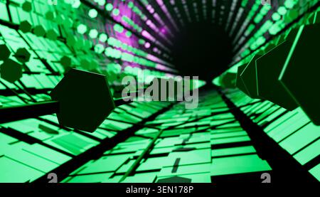 Futuristic green hexagonal tunnel with dynamic lighting and geometric shapes. Stock Photo