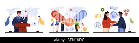 Business people international diplomatic meeting, handshake partnership, global cooperation communication, negotiation, agreement, teamwork, leadership, business diplomacy isolated vector illustration Stock Vector