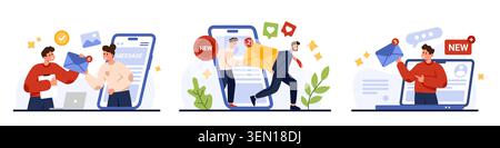 People using laptop and smartphone receive new email message notifications with envelopes, alerts, chat bubbles, social media icons, modern communication concept isolated on white vector illustration Stock Vector