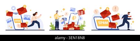Office workers overwhelmed by email overload, spam messages and mobile notifications, running from dangerous phishing alerts and junk mail, isolated on white background vector illustration Stock Vector