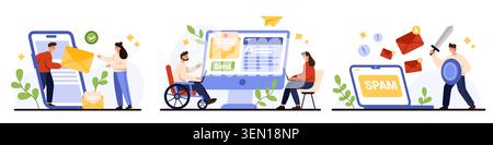 People using devices for email communication, sending messages, managing inbox, protecting mailbox from spam and phishing attacks, modern flat design isolated on white background vector illustration Stock Vector